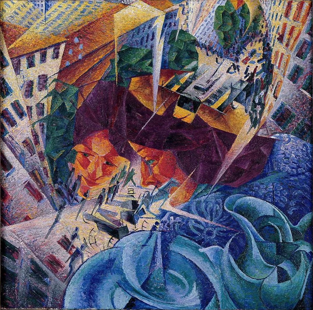 Futurist artwork showing dynamic motion and technological themes