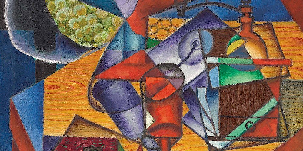 Cubist still life painting with geometric shapes and multiple perspectives